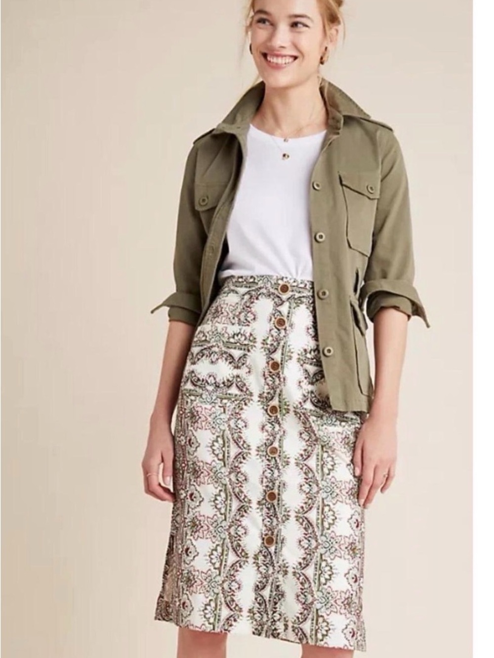 AnthropologieMaeve printed Button-Front Midi Skirt with front pockets